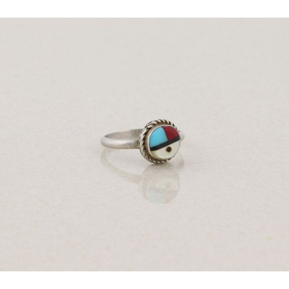 Sterling Silver Turquoise Coral Onyx Mother of Pearl Zuni Face Ring Size 4 1/2 - Picture 3 of 7